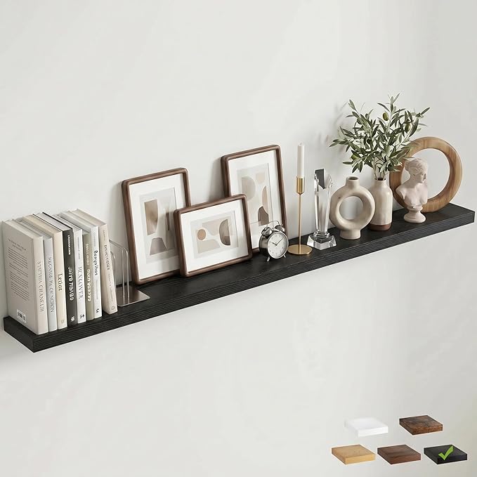 Venusmiles Floating Shelves for Wall, 72 Inch Floating Shelves Set of 1, 6.5" D Wooden Wall Mounted Display Shelves with Invisible Brackets for Living Room, Bedroom, Bathroom, Kitchen Decor, Black