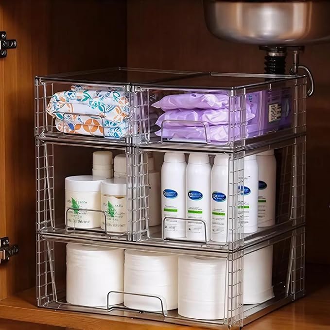 Stackable Storage Drawers(5 Pack),High-strength Clear Plastic Multi-purpose Organizer Bins with Handles, Easily Assemble Acrylic Drawers for Bathroom Closet Cabinet Pantry Under Sink