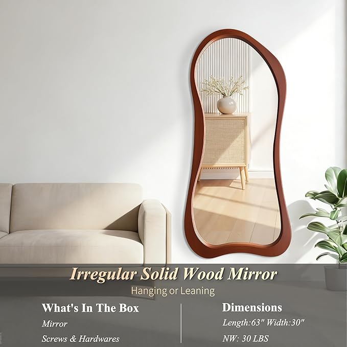 Large Irregular Mirror, 63"x30" Organic Floor Mirror with Solid Wood Frame, Asymmetrical Aesthetic Mirrors for Living Room Entryway Hallway Bedroom Cloakroom, Leaning/Wall-Mounted