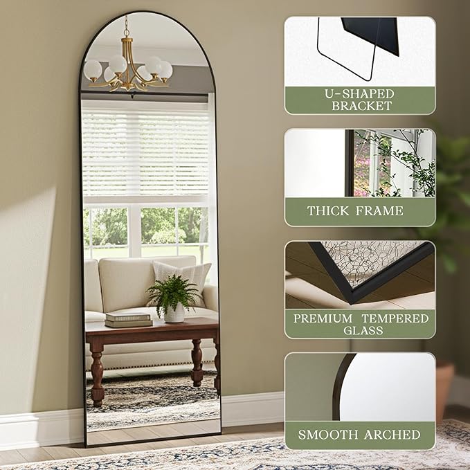 MISSDAY 65"x24" Arched Full Length Mirror, Full Body Mirror with Stand, Floor Mirror Long Free Standing, Leaning or Hanging, Aluminum Thin Frame Wall-Mounted Mirrors Wall Mirrors for Bedroom, Black