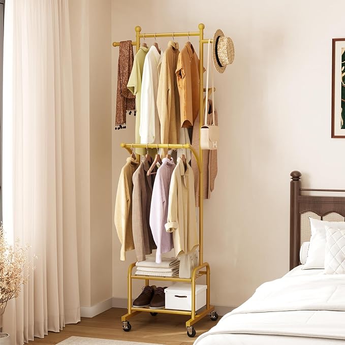Rolling Clothes Rack with 2 Metal Shelves, 71" Portable Clothing Rack with Wheels, Small Garment Rack with 2 Side Hanging Rods, Freestanding Coat Rack for Laundry Room, Bedroom, Gold