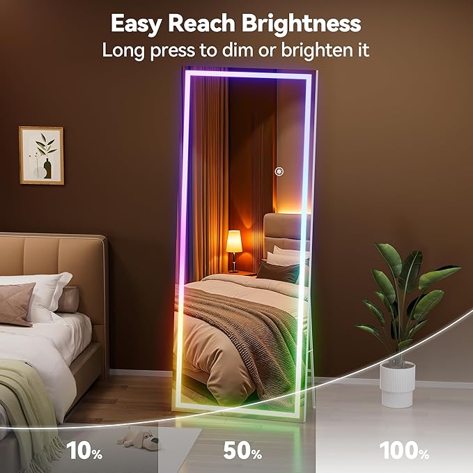Hasipu 71"x24" LED RGB Bluetooth Full Length Mirror with Lights, Full Body Mirror with Stand, Wall Mount & Free Standing Floor Mirror for Bedroom Living Room Cloakroom, 7 Color & Brightness Adjustable