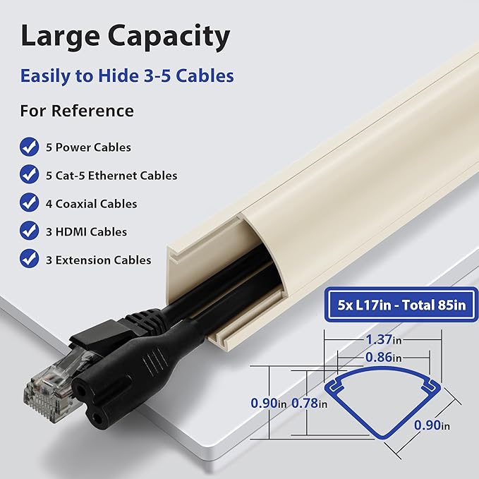 85in Corner Cord Hider, Large Capacity Wire Covers for Cords, Cord Concealer Paintable Corner Cord Cover, Quarter Round Cable Raceway for Wall, Floor, Baseboard, Ceiling, 5 x L 17in, Beige