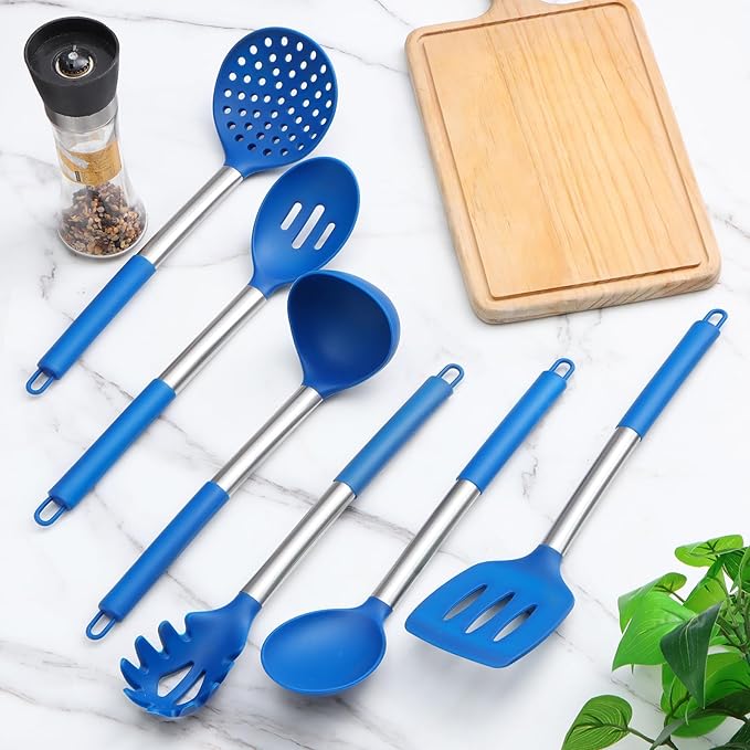 Silicone Kitchen Utensils Set - Culinary Couture 6-Pieces Blue Silicone Cooking Utensils Set for Nonstick Cookware - Stainless Steel Handle