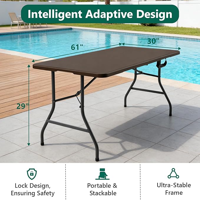 Folding Table 5FT Heavy Duty Plastic Table with Handle, Foldable and Portable, Fold-in-Half Utility Tables for Outdoor, Dining, Wedding, Events, Indoor, Picnic, Camping, Party, (Brown)