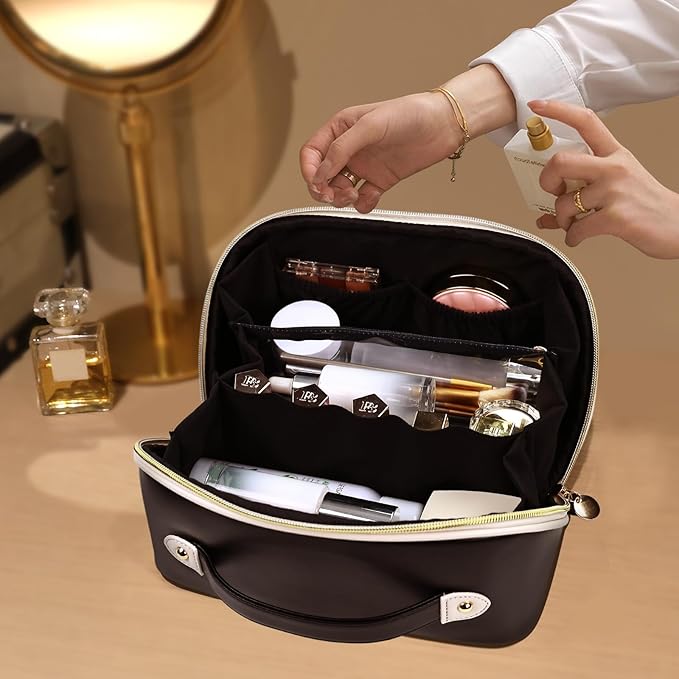 Prite Makeup Bag for Women Travel Waterproof Vegan Leather Cosmetic Bag Open Flat Toiletry Bag With Clear Divider and Handle (Black, Large Pro)