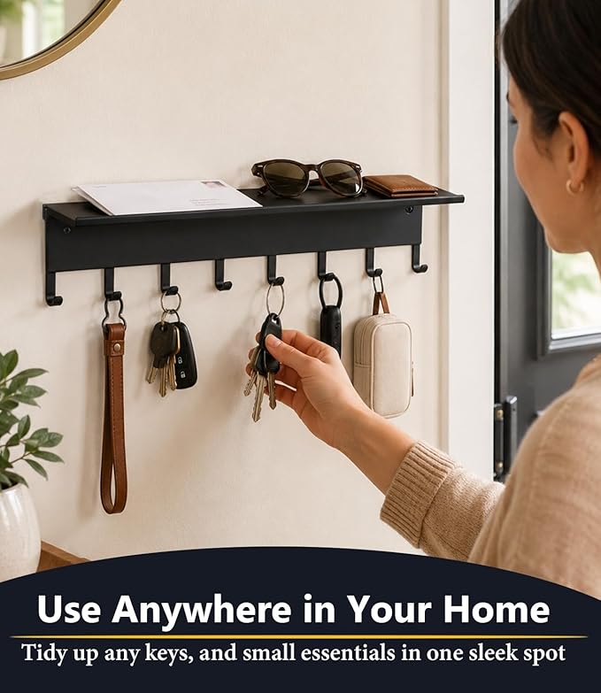 Key Holder Hooks Organizer Hanger Rack Wall Mounted Sweet Home Metal Decor Stylish and Practical for Entryway Front Door Kitchen Hallway Garage Mudroom Office Hardward Included Black (Key hook shelf)