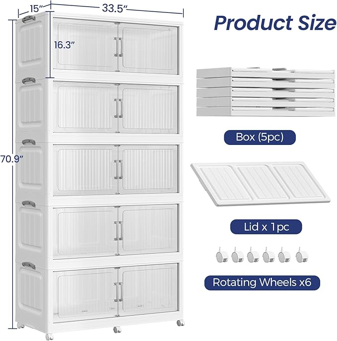 Extra Large Stackable Storage Bins with Lid, 250Gal/1000QT Foldable Collapsible Storage Box with Doors, Wheels and Drawers, Plastic Closet Organizer Container for Kitchen, Bedroom, Dorm, 5Pack