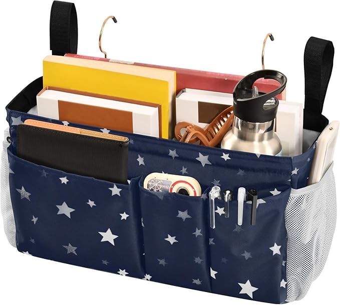 Bedside Caddy Hanging Bunk Bed Caddy Bed Organizer Hanging Pocket with 2 Hooks Bedside Storage Organizer Pocket Bag Holder Stars Dark Blue