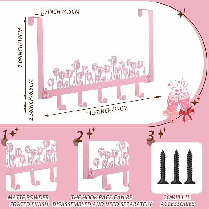 AceOrbit Pink Tulip Over The Door Hooks Wall Mount Towel Hanger Cute Door Holder Rack with 5 Hooks Hanging Towel, Coat Keys, Bags, Hats, Clothes for Bedroom Bathroom Kitchen Dorm Room Organizer