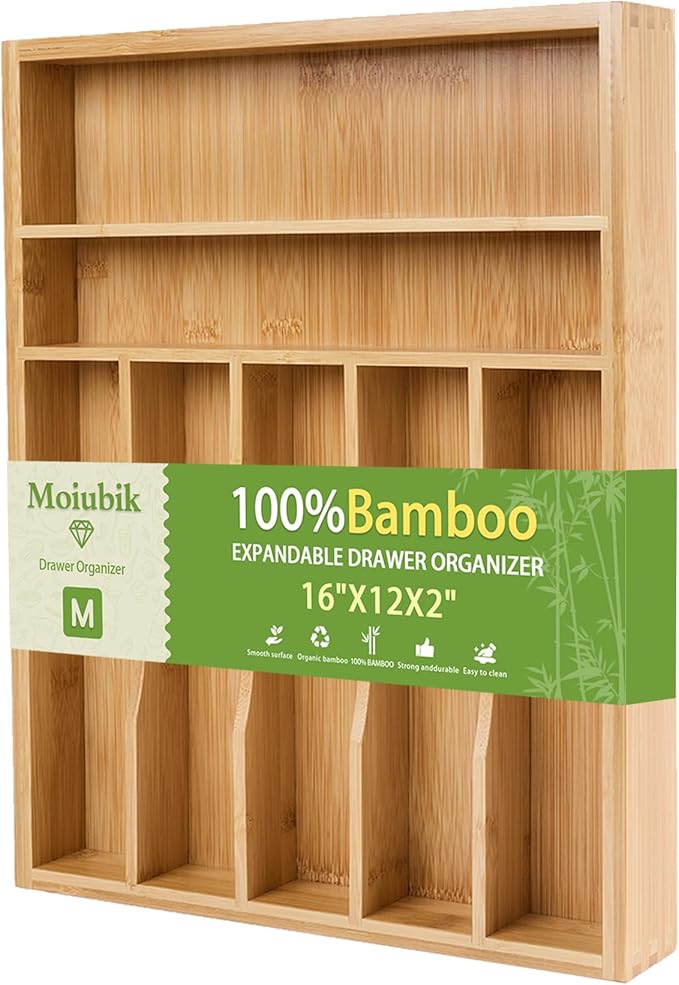 Bamboo Expandable Silverware Drawer Organizer, Adjustable Utensil Tray Cutlery Holder for Kitchen Drawer, Flatware Storage Organizer for Spoons, Forks and Knives, Natural 7 Slot
