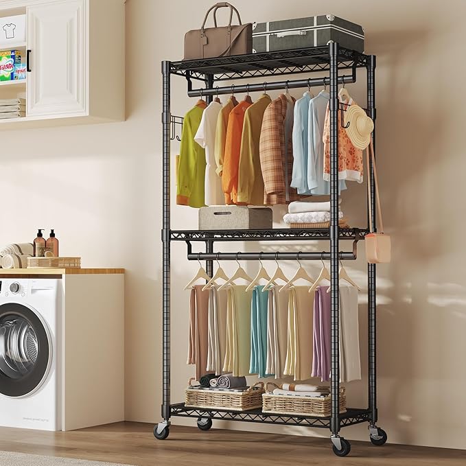 OLIXIS Clothes Rack Heavy Duty Adjustable Garment Clothing Rack with Wheels, Rolling Metal Freestanding Closet Organizer for Hanging Clothes with 2 Side Hooks, Double Rods, 35" x 15" x 75", Black