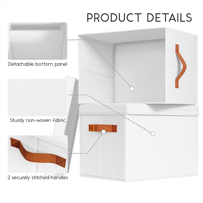 Homsorout Storage Bins with Lids - Fabric Storage Baskets for Shelves, 8 Pack Foldable Decorative Boxes with Handles, Stackable Organizer Bins for Home, Nursery, Dorm, White