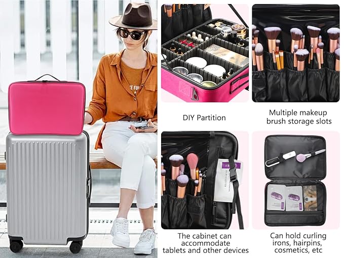 gzcz Large Capacity 16.5 inches Professional Travel Makeup Train Case Portable Artist Cosmetic Brush Organizer Storage Bag With Adjustable Dividers And Shoulder Strap for Toiletry Jewelry （Rose Red）
