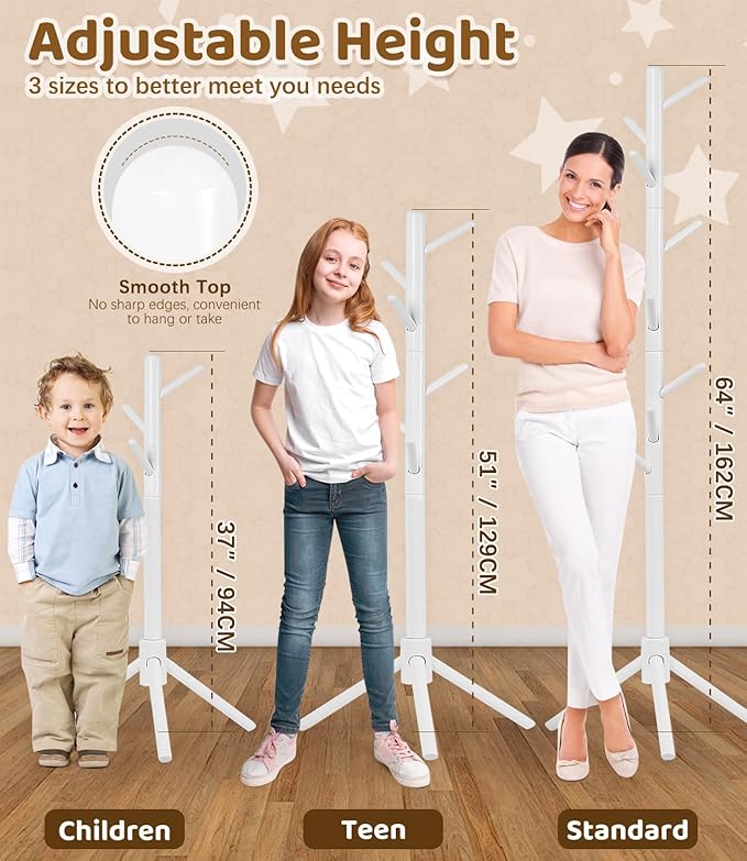 Beech Wood Kids Coat Rack - Adjustable Height Stand with 9 Hooks, Freestanding Children's Clothing Organizer for Hallway, Bedroom, Easy Assembly, White