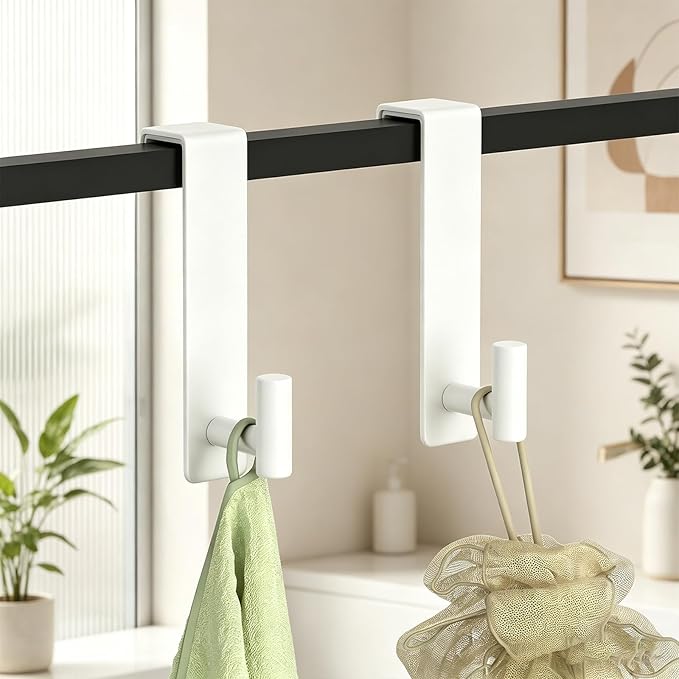 HUFEEOH 2-Pack Over The Door Hooks, Stainless Steel Door Hanger for Towels & Coats, Bathroom Towel Rack Coat Rack, Tool-Free Hooks for Hanging (White, Fits 1-3/4" Thick Door -T Shape 2 Pack)