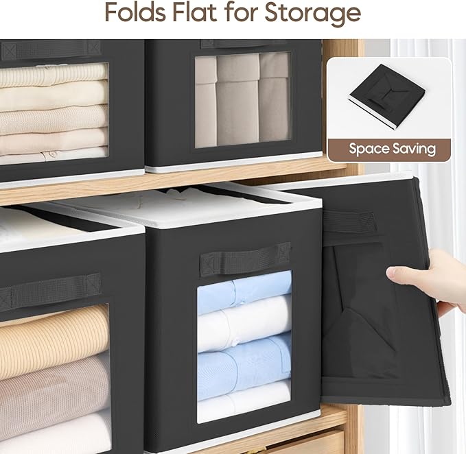 Homsorout Foldable Storage Cubes - Cubby Storage Organizer with Window, Decorative Baskets for Organizing, 11 Inch Fabric Cube Shelf Bins, Set of 10, Black