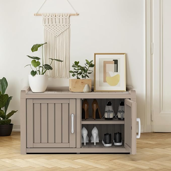 DRATO Indoor Outdoor Shoe Storage Cabinet, Shoe Bench Entryway with Adjustable Shelves, Waterproof Resin Storage Bench for Entryway, Foyer, Hallway (Gray, Duble Doors)