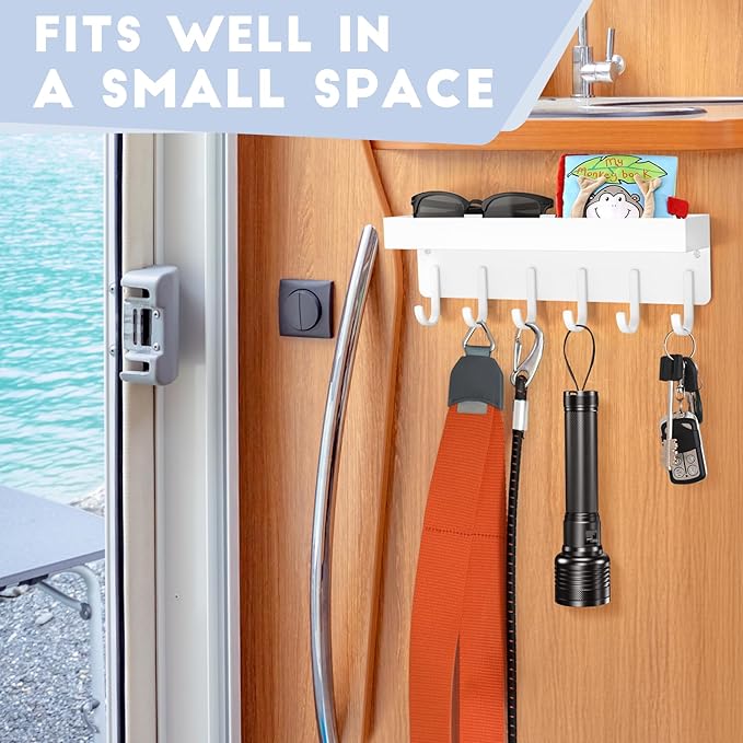 Magnetic Key Holder, Small Wall Mount Key Rack with Shelf for Fridge, 6 Metal Hooks, 9.65 Inch, 2 Installation Options, White