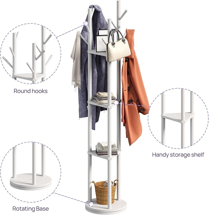 Rotating Coat Rack, Freestanding Coat Rack with 3 Shelves and 9 Hooks Clothes Organizer Coat tree for Bedroom, Entryway, Livingroom (Black)