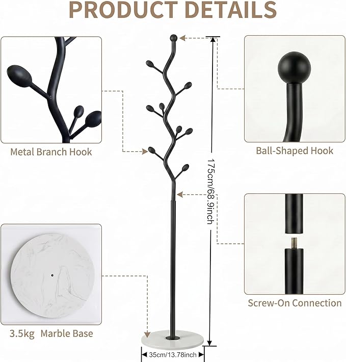 Freestanding Tree Branch Coat Rack with Marble Base, Gold Decorative Standing Coat Rack with 8 Hooks, Sturdy Heavy Duty Metal Coat Hanger Stand for Entryway Bedroom Living Room (Black + White)