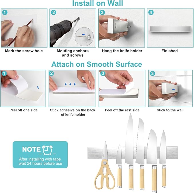 Magnetic Knife Holder for Wall, No Drilling Magnetic Knife Strip Adhesive Knife Holder Magnet Knife Bar, Wall Mount Knife Rack Block Metal Tool Holder for Utensils RV Kitchen Organization, 12 Inch