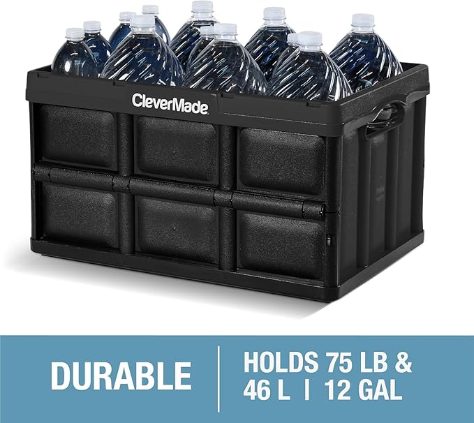 CleverMade Collapsible Storage Bins 46L (3-Pack) – Heavy Duty Collapsible Plastic Storage Bins, Stackable Folding Storage Bins for Car, Garage, Home Organization - Foldable Bins, Obsidian