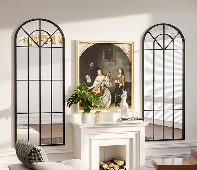 Degfig Arched Full Length Mirror with Grids, 71"X32", Arched Window Pane Wall Mirror, Floor Standing Mirrors, Farmhouse Long Full Body Mirrors Wall Mounted for Living Room, Bedroom, Entryway, Black