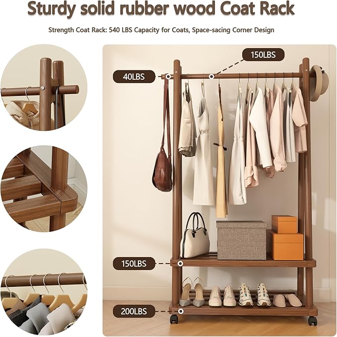 Solid Wood Clothing Rack Freestanding with Wheels, 3-in-1 Coat Rack with 2 Shelves & Hooks Load 500 Lbs, Heavy Duty Garment Rack for Hanging Clothes & Organizer for Entryway Bedroom Living Room 23.6"W