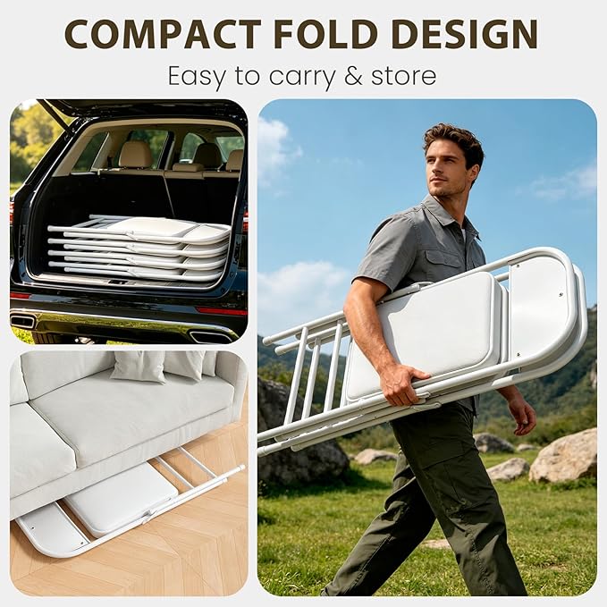 2 Pack Padded Folding Chairs, Portable Metal Foldable Chairs with Cushion, PU Leather Sturdy Indoor Outdoor Seating for Home, Office, Party, White