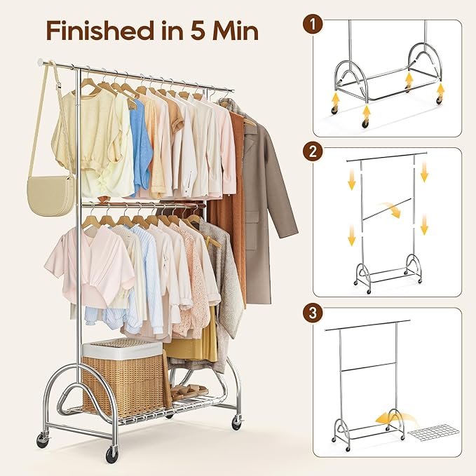 TigerParty Heavy Duty Clothes Rack for Hanging Clothes, Adjustable 2-Tier Rods Garment Rack with 750LBS Load Capacity, Freestanding Clothing Rack with Wheels & Bottom Storage Shelf