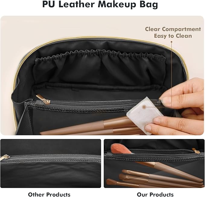 Prite Makeup Bag for Women Travel Waterproof Vegan Leather Cosmetic Bag Open Flat Toiletry Bag With Clear Divider and Handle (Plaid Black, Medium)