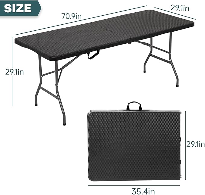 FDW 6 Foot Outdoor Dining Table, Foldable Portable Rectangular Plastic Folding Table with Built in Carrying Handle for Party and Wedding Use, Black Ratten