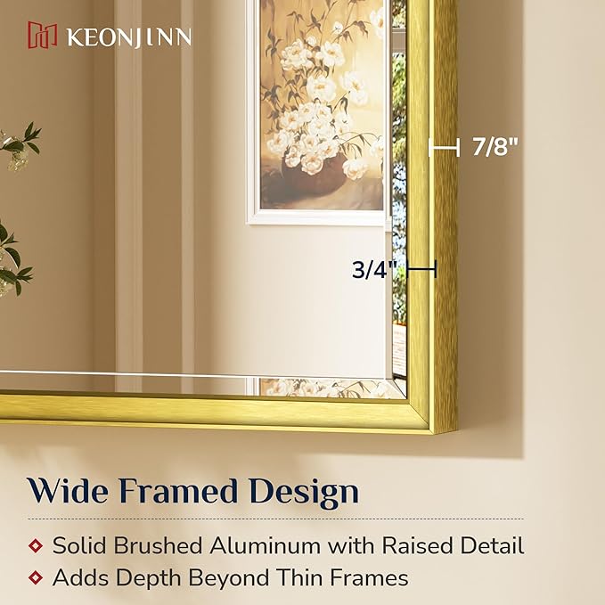Keonjinn Brushed Gold Bathroom Mirror 24" x 30", Beveled Edge Tempered Glass, Aluminum Alloy Wide Framed, Rustproof, Rectangle, Modern Farmhouse Gold Mirrors for Over Sink(Vertical/Horizontal)