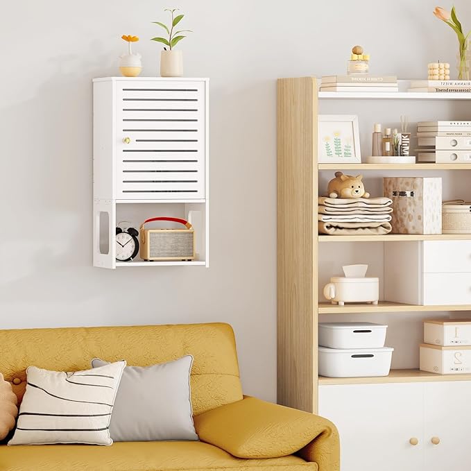 4-Tier Wall Bathroom Storage, White Cabinet with Door & Open Shelf, Space-Saving Organizer for Bathroom, Kitchen, Entryway (7.9" D x 11.8" W x 22.4" H)