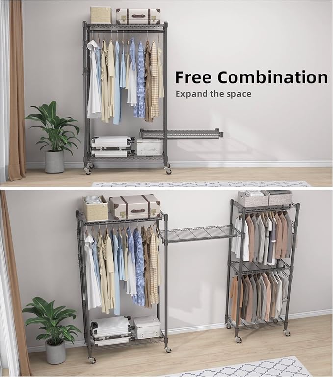 BATHWA Rolling Tall Garment Rack with 2 Rods & 3-Tier Adjustable Shelves, 35.5" W x 16.5" D x 80.7" H, Heavy Duty Clothes Hanging Racks Portable Wardrobe Closet Organizer for Bedroom, Laundry, Black