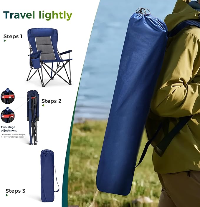 ALPHA CAMP Oversized Folding Camping Chairs High Backrest Heavy Duty Lawn Chairs for Adults Support 500 LBS Portable Camp Chairs with Cup Holders Large Side Pocket Outdoor Chair 2 Pack