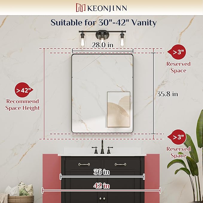 Keonjinn Black Bathroom Mirror for Over Sink, 28 x 36 Inch Rounded Rectangle Bathroom Vanity Mirror, Matte Black Sandblasted Finish, HD Tempered Glass, Wall Mirrors with Seamless Aluminum Alloy Frame