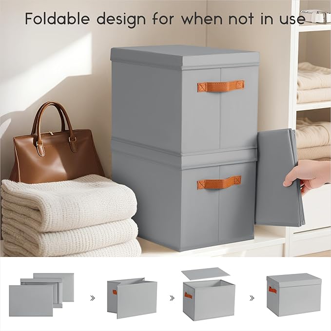 Homsorout Storage Bins with Lids - Fabric Storage Baskets for Shelves, 8 Pack Foldable Decorative Boxes with Handles, Stackable Organizer Bins for Home, Nursery, Dorm, Grey