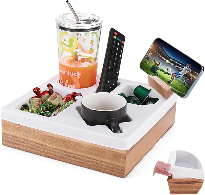 Couch Cup Holder Tray, Silicone Acacia Wooden Couch Caddy with Cup Holder for Snacks, Drinks, Remotes, Waterproof Cup Holder for Couch, Organizer, Couch Drink Holder, Pillow
