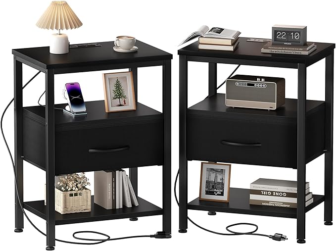 DUMOS 3-Tier Storage, Bed Side Tables with Wireless Charging Station, End Tables with Adjustable Fabric Drawers, Nightstand Set of 2, Modern Design, Black