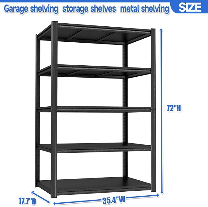 Garage Shelving 40"W Storage Shelves 3000LBS 5 Tier Heavy Duty Metal Shelving Unit Adjustable Shelf for Basement, Warehouse, Collection Room, Shed, Kitchen, Living Room, Bedroom, 72"H*35"W*18"D Black