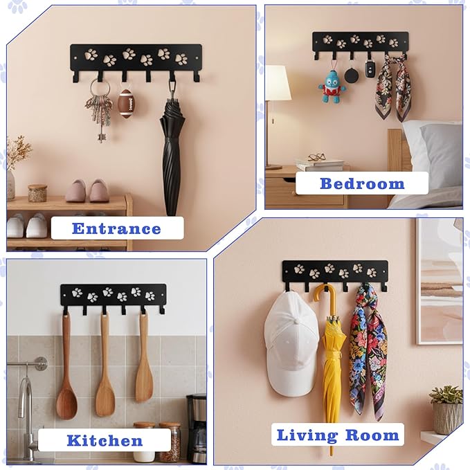 Key Holder Wall Mount & Dog Leash Holder for Wall, Metal Key Rack with 6 Hooks Decorative Animal Storage Rack Adhesive for Entrance Living Room Kitchen Dog Paws Design WallOrganizer