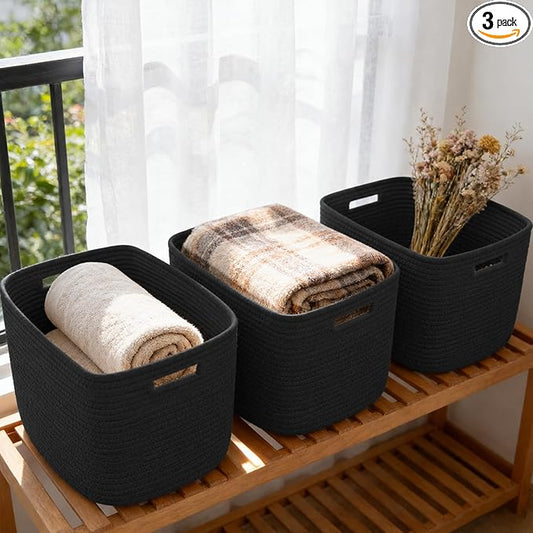 3 Pack Woven Rope Storage Baskets for Organizing,13.5"×11"×9.5" Storage Bins for Shelves,Perfect for Toys,Books,Towels,Clothes,Empty Gift Baskets for Nursery,Living Room&Bedroom(Black)