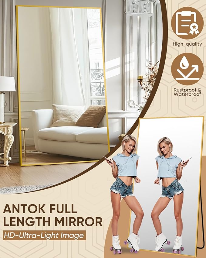 Antok Full Length Mirror, 82"x44" Floor Mirror, Floor Standing Freestanding Full Body Mirror with Stand for Bedroom, Hanging Mounted for Living Room Cloakroom, Gold
