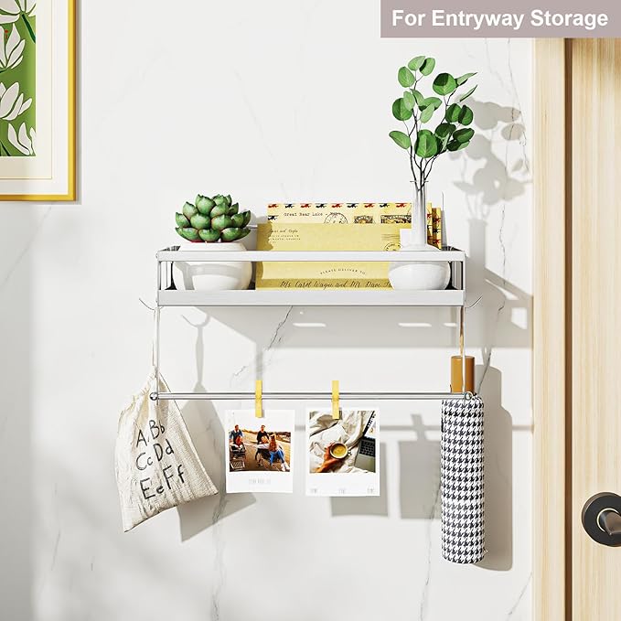 ESOW Paper Towel Holder with Shelf Storage, 2-in-1 Wall Mounted Paper Towel Roll Rack Basket for Kitchen, Balcony & Bathroom, Self-Adhesive or Drilling Installation, SUS304 Brushed Nickel Finish