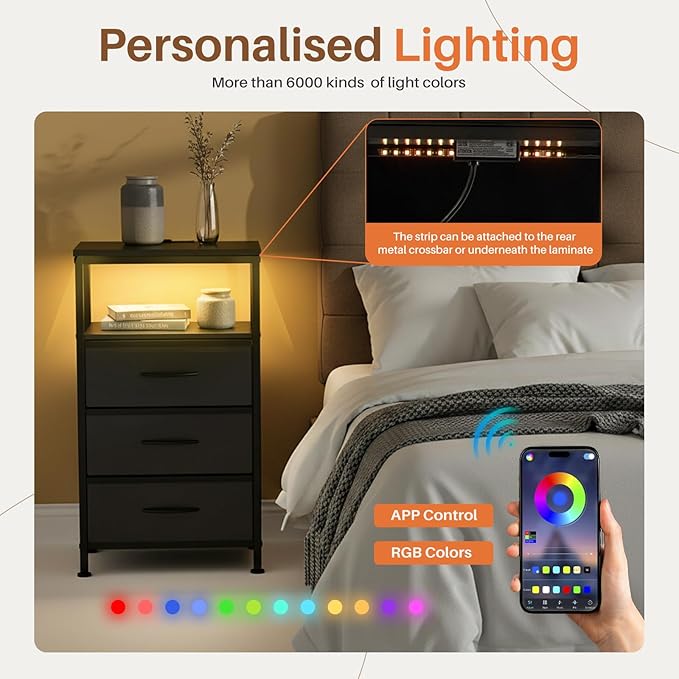 DUMOS Nightstand with Charging Station, Bedside End Table with 3 Fabric Drawers & USB/Type-C Ports and Outlets, Night Stand for Bedroom Furniture, Adjustable Feet and Variable Light Strip, Black