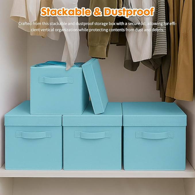 ShellKingdom Storage Bins, Foldable Fabric Storage Cubes with Lid, Clothes Storage Organizer Drawer For Closet Toys Storage, 10.5 X 10.5 X 11 INCH, 2 Pack (Light Blue)