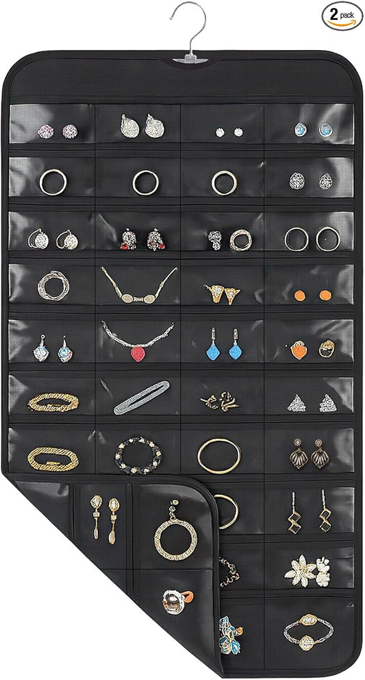 2 Pack Hanging Jewelry Organizer, 80 Clear Pockets earring organizer and storage, Accessories holder organizer for Closet, Jewelries, Necklace, Travel