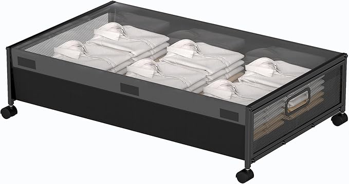Under Bed Storage with Wheels, Rolling Underbed Storage Organizer, Heavy Duty Under Bed Storage for Clothes, Blankets and Bedding, Low Profile Underbed Container, Black